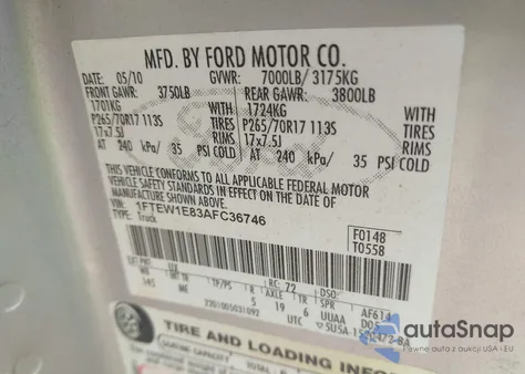 2010 Ford F-150 Xl/Xlt z USA, uszkodzony, nr VIN 1FTEW1E83AFC36746